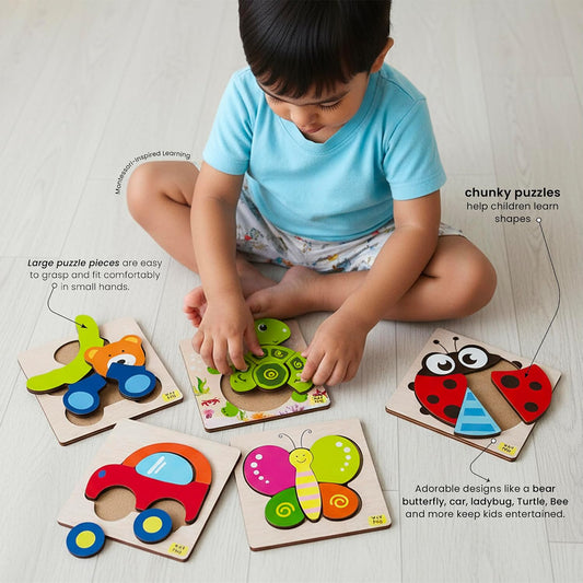 PuzzleNest – 6-in-1 Wooden Animal & Vehicle Puzzle Set for Kids