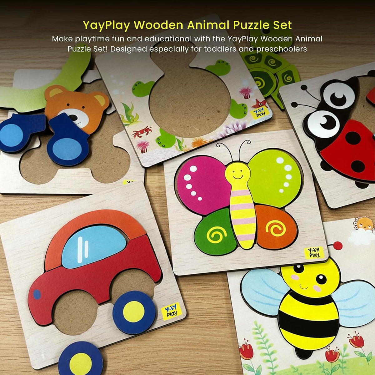 PuzzleNest – 6-in-1 Wooden Animal & Vehicle Puzzle Set for Kids