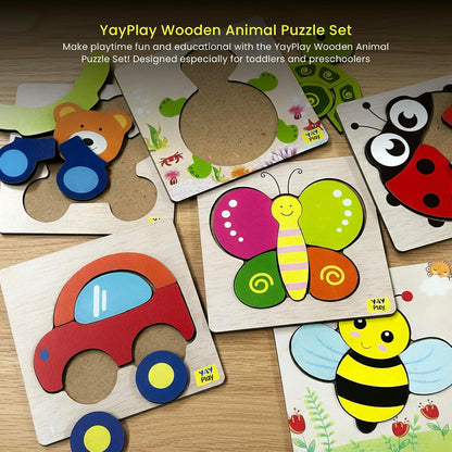 PuzzleNest – 6-in-1 Wooden Animal & Vehicle Puzzle Set for Kids