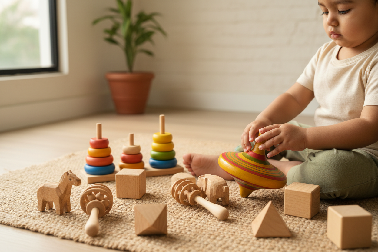 create traditional Indian toys naturally align with modern Montessori principles? We design simple, distraction-free toys that allow your child to lead the play. By stripping away the flashing lights and batteries, we make room for what really matters: focus, creativity, and critical thinking."