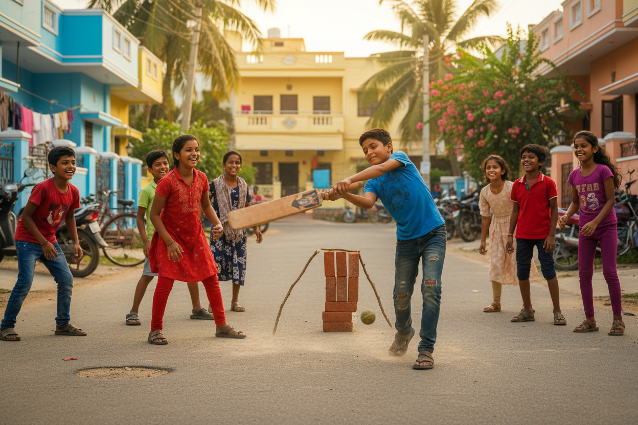 indian kids plying in road criket