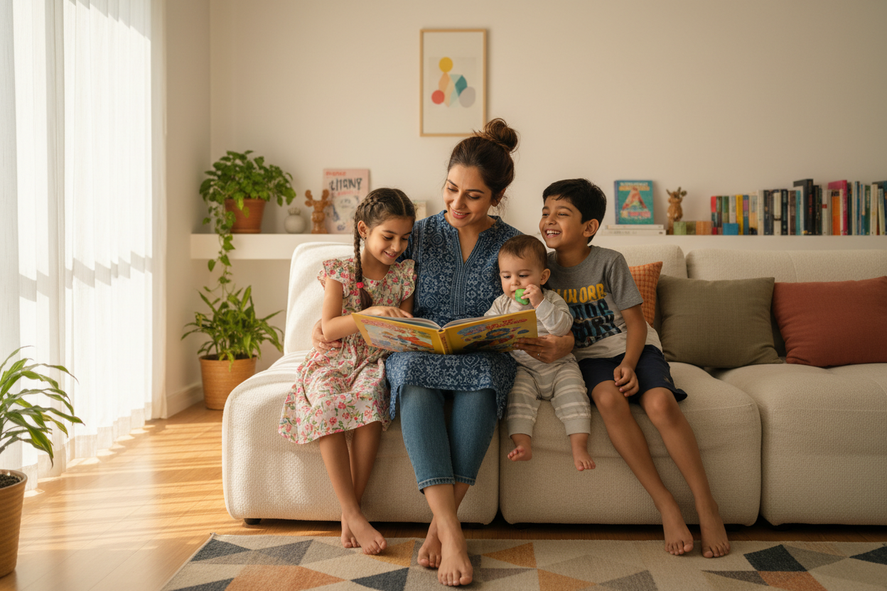 make 35 year old indian modern mother sitting with theire chidren